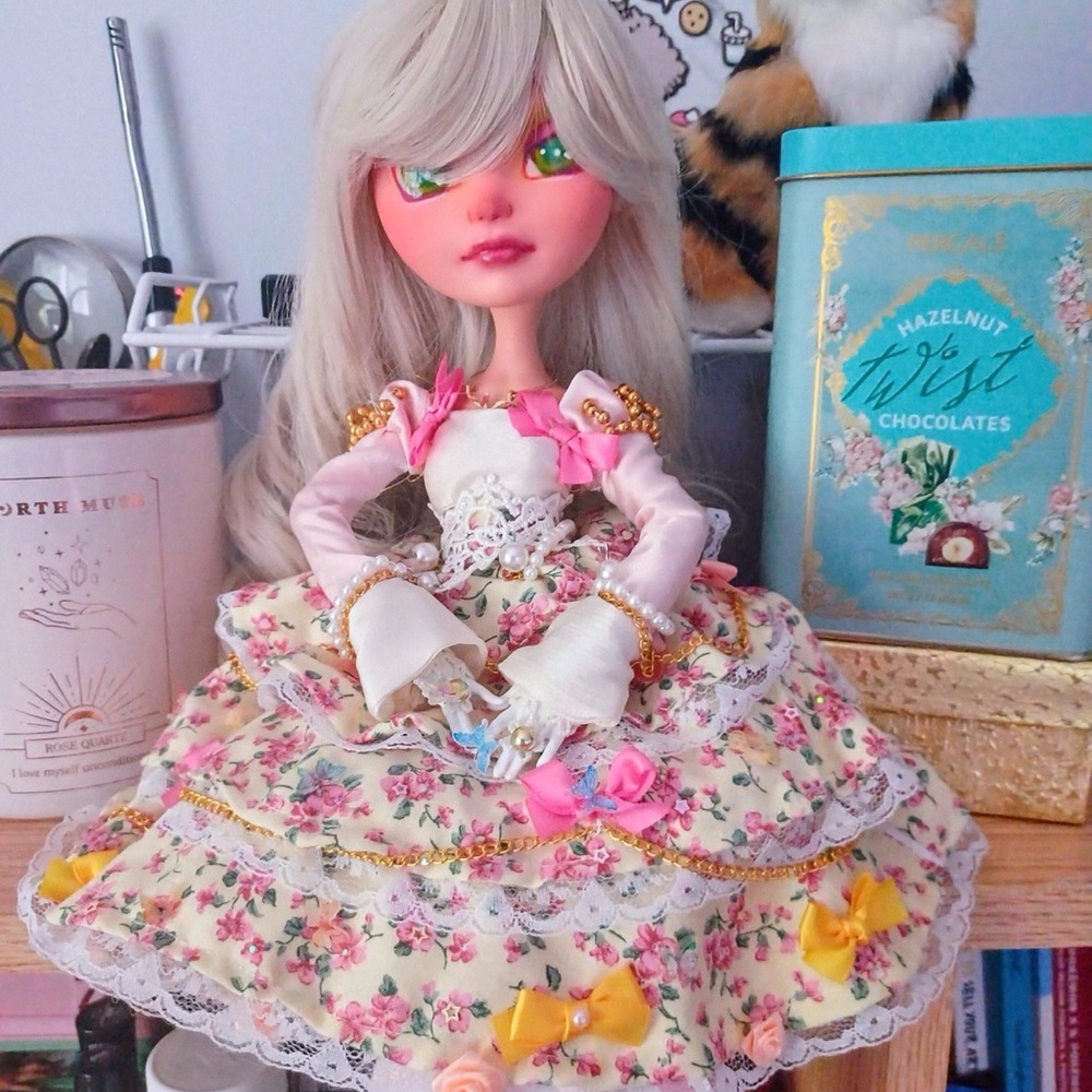 Monster High Doll repainted with handmade Floral Dress - Pink, Yellow, White